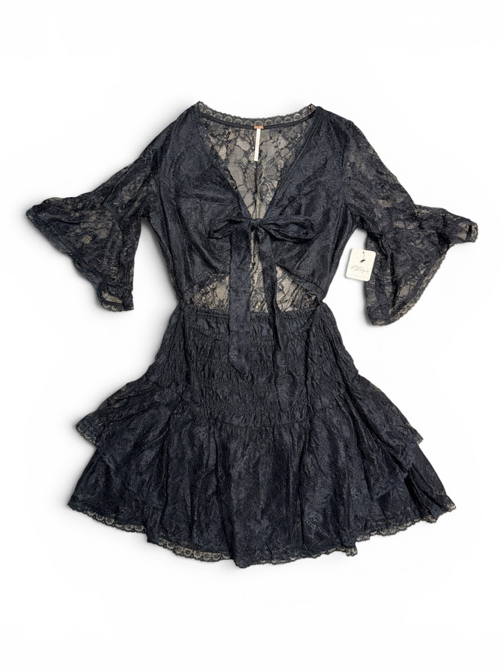 Free People NWT Sold Out XS Lala Black Goth Lace Mini Dress Tie-Front